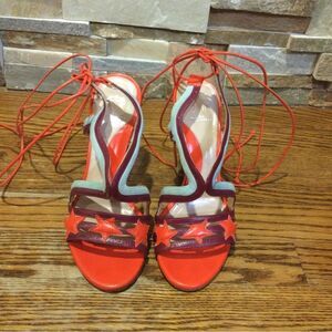PAULA CADEMARTORI Red & Turquoise Leather and Suede Sandals